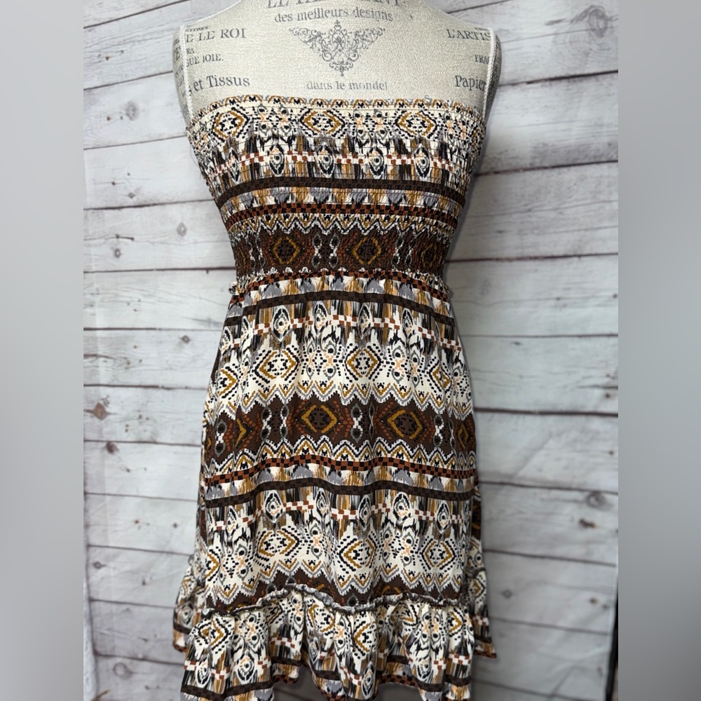 Body Central Strapless Bohemian Dress with Brown and Cream Patterns - Picture 1 of 3